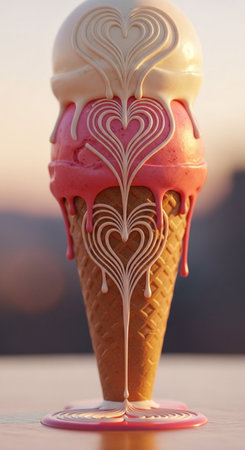 ice cream cone with pink and white pattern on the top, selective focusの写真素材