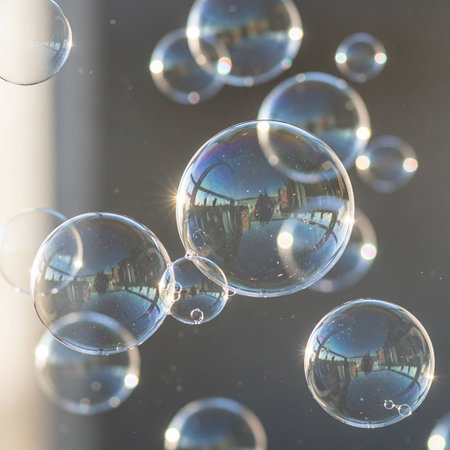Soap bubbles floating in the air, close-up view.の写真素材