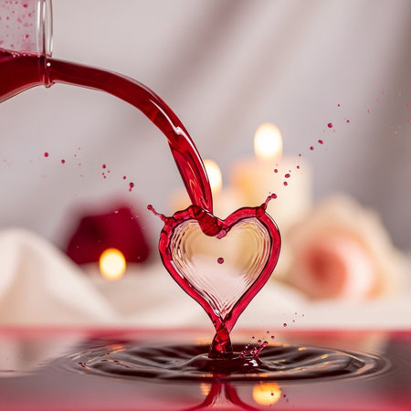 Red heart-shaped liquid pouring into another red heart-shaped liquid on a white backgroundの写真素材