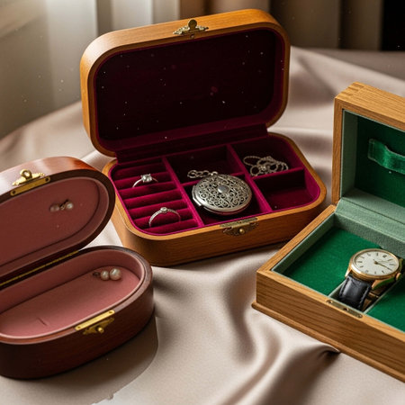 wedding rings in a wooden box, close-up.の写真素材