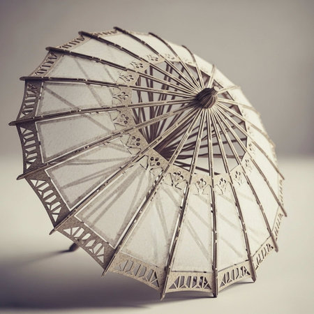 Vintage paper umbrella on white background. Retro style toned pictureの写真素材