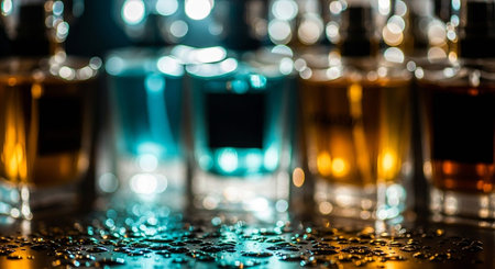 Colorful bottles of alcoholic drinks on the bar counter. Blurred background