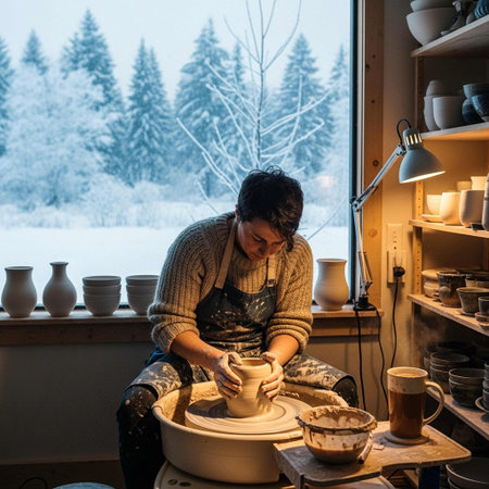 Potter working on pottery wheel in a workshop on the terraceの写真素材