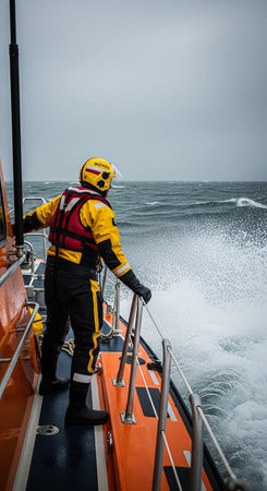 Sailing vessel in stormy weather. Person standing on the deck
