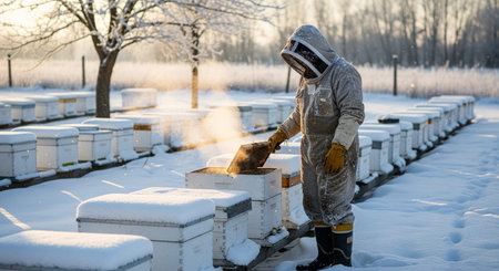 Beekeeper working on apiary in winter. Beekeeper on apiary.の写真素材