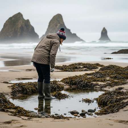 A woman in a warm jacket and hat standing in a tidal pool on the Oregon coast.の写真素材