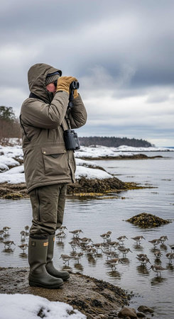 Fisherman with binoculars on the seashore in winterの写真素材