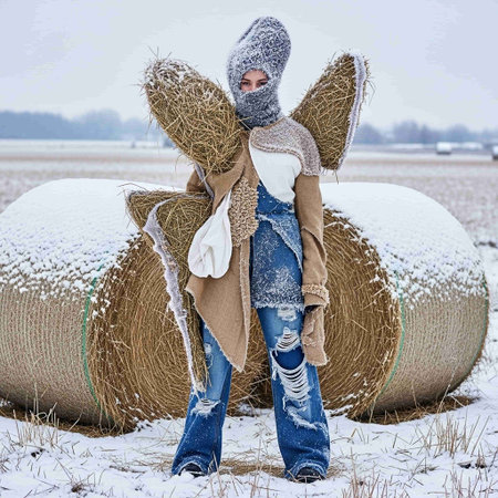 Young woman in winter clothes with hay bales in the field.の写真素材