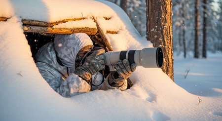 Photographer with a camera in his hand taking pictures of the snow-covered forestの写真素材