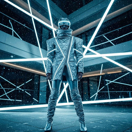 View of a futuristic man in futuristic outfit on a futuristic building.の写真素材