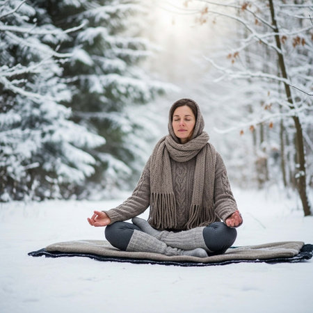Young woman meditating in the winter forest. Yoga in nature.の写真素材