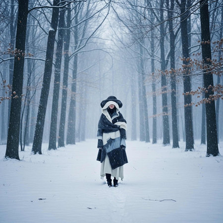 Beautiful young woman walking in winter forest. Beauty, fashion.の写真素材