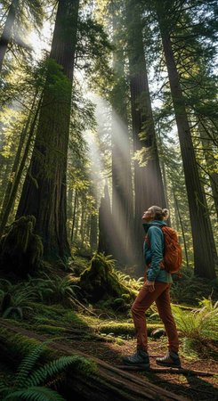 Woman hiker in Redwood Forest, California, USA. Female hiker with backpack looking at the scenic...