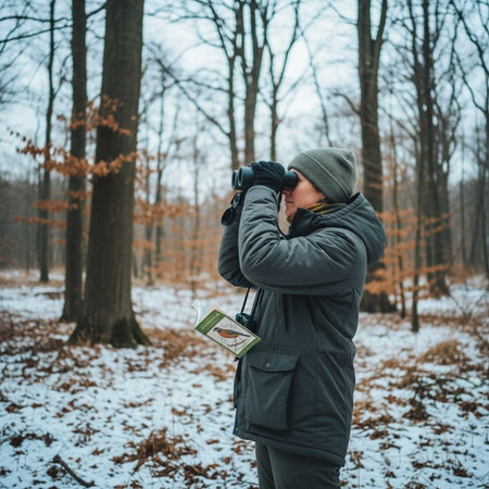 Photographer with camera in winter forest. Photographer with camera in winter forestの写真素材