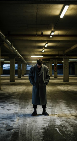 A young man in a coat in an underground passage at night.の写真素材