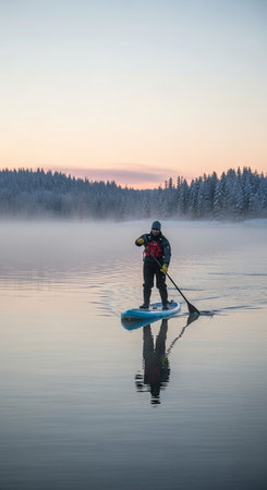 Stand up paddleboarding on a frozen lake at sunrise. Finland.の写真素材