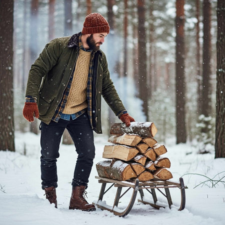 Man with a beard in a winter forest with a sleigh full of firewoodの写真素材