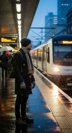 A young man is waiting for the train at the station in the rain.の写真素材