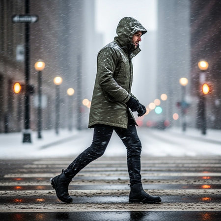 A man in a raincoat is walking on the street at night.の写真素材
