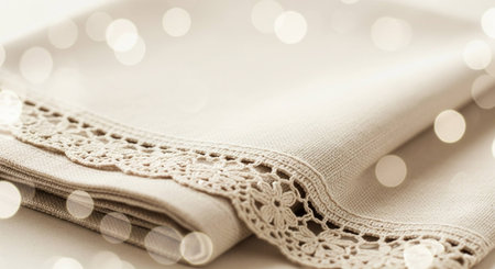 Close up detail of beige lace fabric with bokeh background.の写真素材