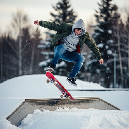 Skateboarder jumping in the snow. Skateboarder on a skateboard in winter.の写真素材