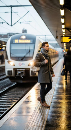 Handsome young man in coat and scarf waiting for train at station