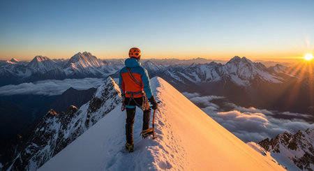 Mountaineer on top of a snowy mountain at sunset. The concept of active and extreme tourism