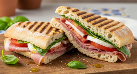 Sandwiches with ham, mozzarella, tomato and basilの写真素材