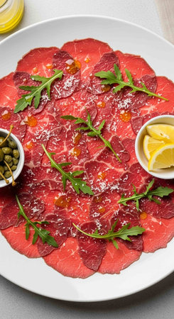 Beef carpaccio with arugula, capers and lemon slicesの写真素材