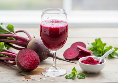 Fresh beetroot juice in a glass and fresh beetroots on wooden tableの写真素材