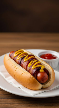 Hot dog with mustard and ketchup on white plate on wooden backgroundの写真素材