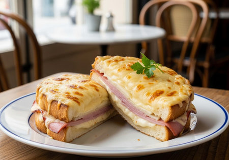 Sandwich with ham and cheese on a white plateの写真素材