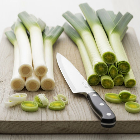 Fresh leek and knife on cutting board. Shallow dof.の写真素材
