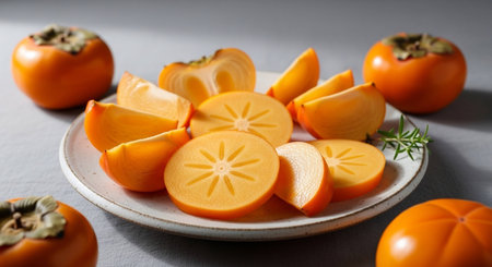 Fresh ripe persimmon fruit on a white plate on a gray backgroundの写真素材