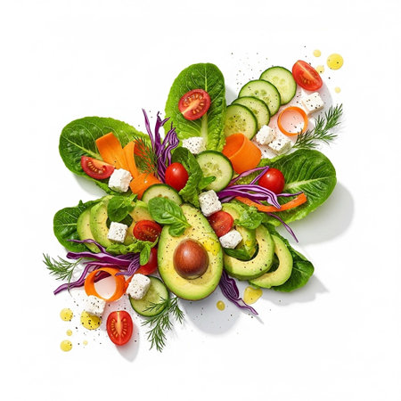 Fresh salad with avocado, tomato, cucumber, lettuce, feta cheese and herbs on white background