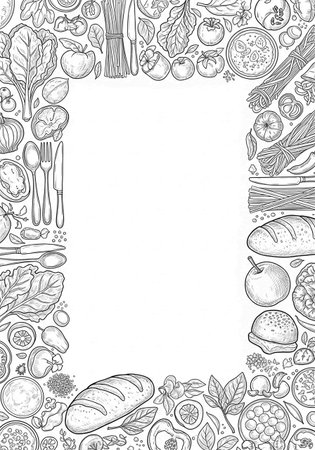 Frame of hand drawn vegetables and spices. Vector illustration. Food background.の写真素材