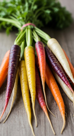Bunch of fresh carrots on wooden table. Selective focus.の写真素材