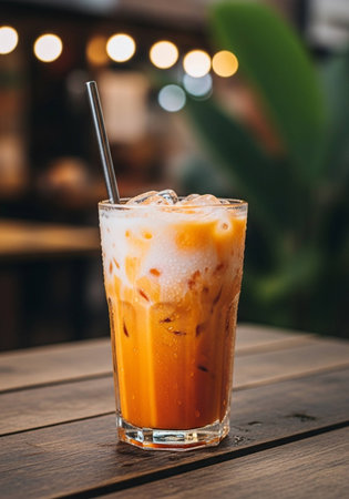 Iced Thai Milk Tea on wooden table, stock photoの写真素材