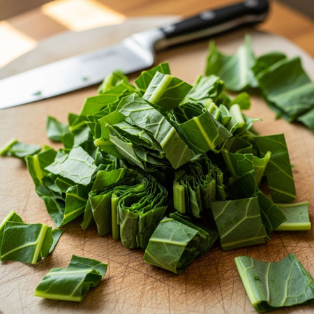 Fresh green kale leaves on wooden cutting board with knife.の写真素材
