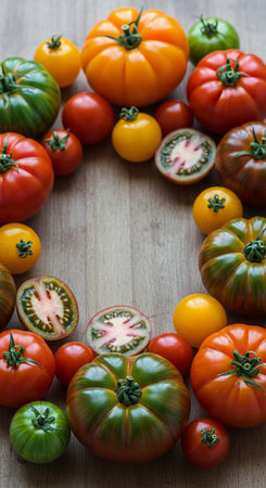 Variety of colorful fresh tomatoes on wooden background. Top view.の写真素材