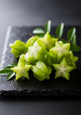 Star fruit on black slate plate. Carambola, starfruit, star appleの写真素材