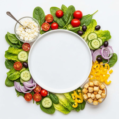 Healthy food background. Fresh vegetable salad with feta cheese on white background. Top view, flat layの写真素材