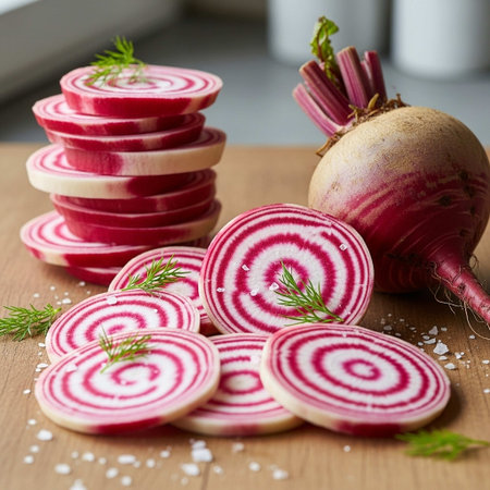 Beetroot slices with dill and parsley on wooden boardの写真素材