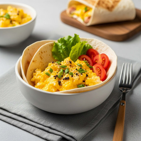 Scrambled eggs with scrambled eggs and vegetables in a bowl.の写真素材