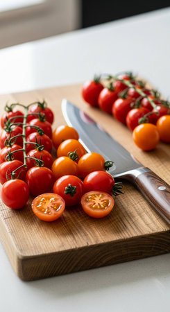 Cherry tomatoes on a cutting board with a knife in the kitchen