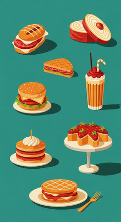 Vector illustration of a set of fast food. Sandwich, hamburger, cheeseburger, hot dog, pizza, sandwich, ice cream.の写真素材