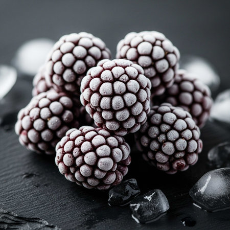 Frozen blackberries on a black background. Selective focus.