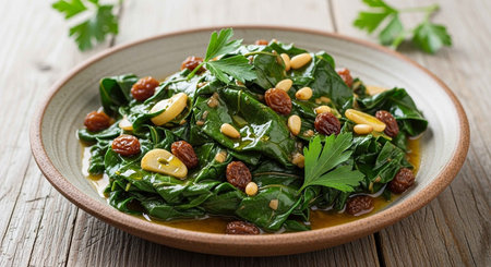Spinach salad with pine nuts and raisins on wooden table