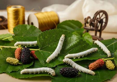 Mulberry silkworm on mulberry leaves with spools of threadの写真素材