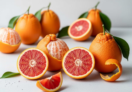 Citrus fruit on a white background. Grapefruits with leaves.の写真素材